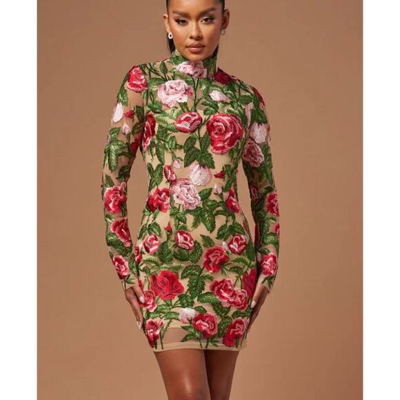 Fashion Nova - The Garden Scene Embroidered Mini Dress in Red and Green - Picture 5 of 5